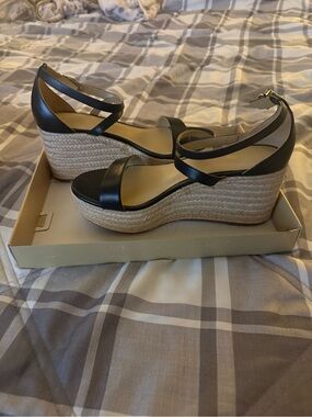 Michael Kors Black Leather Espadrille Wedge Sandals with Ankle Strap